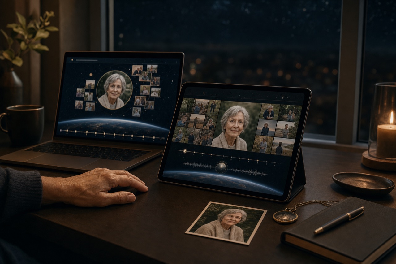 A private digital memorial displayed on a tablet and laptop in a quiet home at night