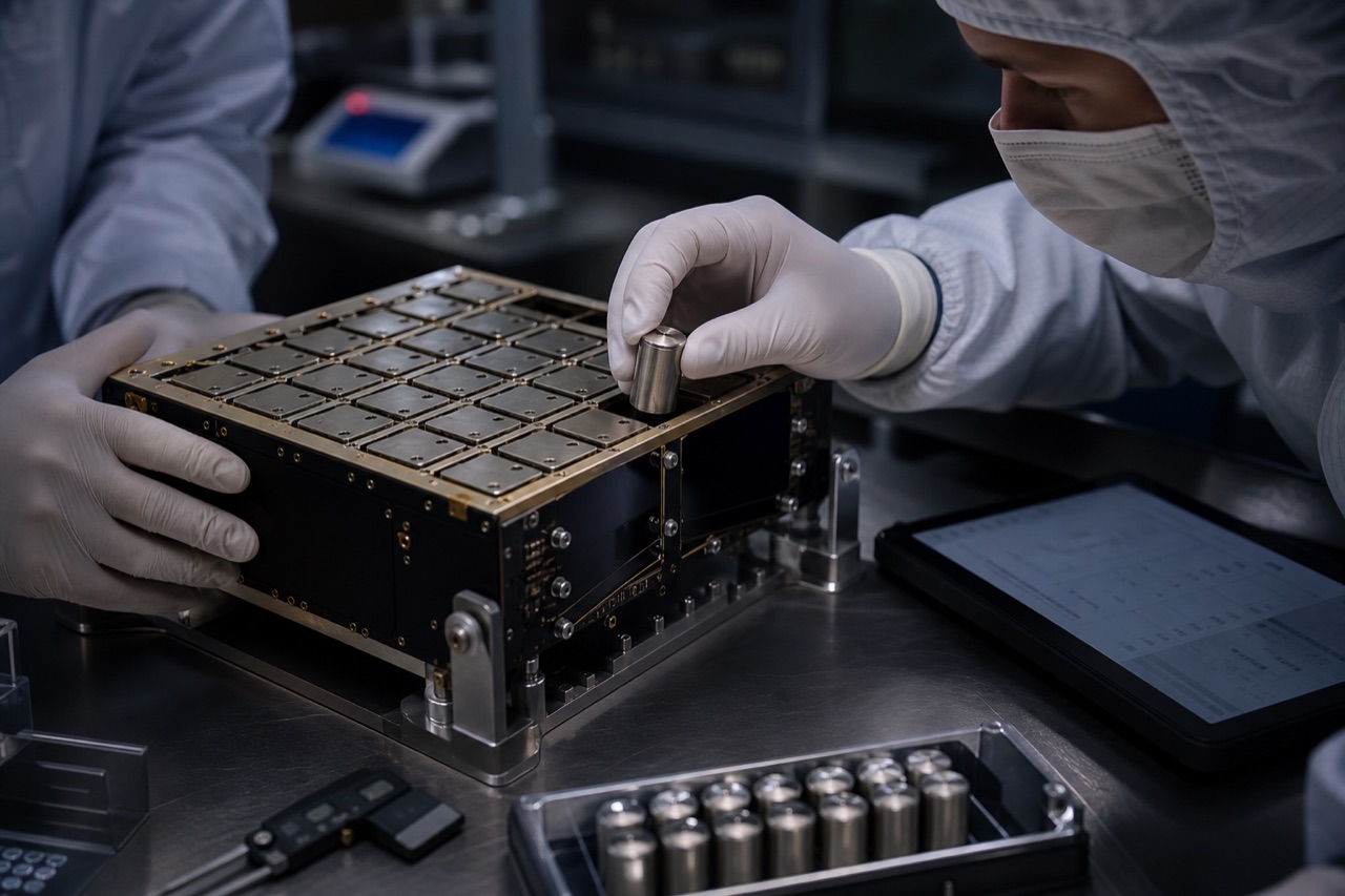 Cleanroom technicians placing a sealed memorial capsule into an individually documented flight payload