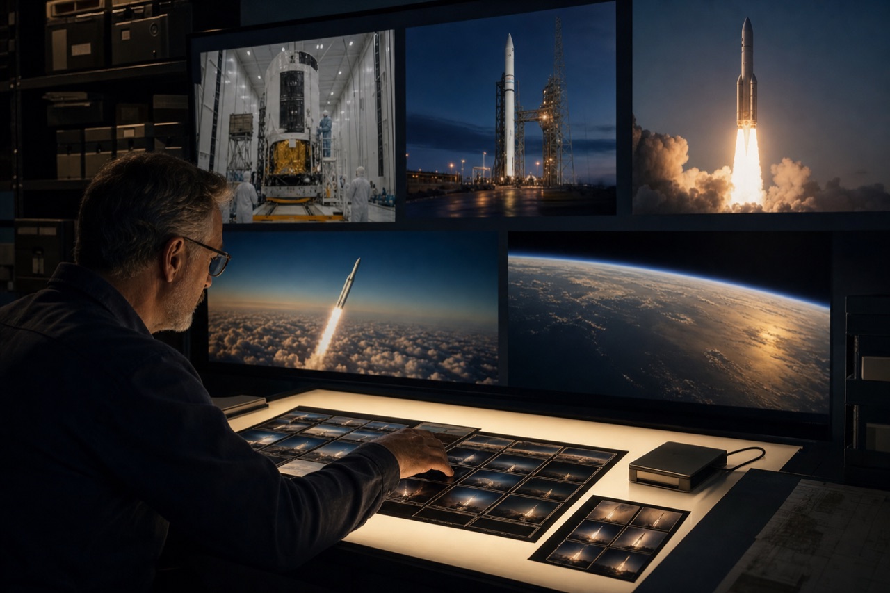 A curator reviewing an archive of payload preparation, launch, ascent, and Earth imagery