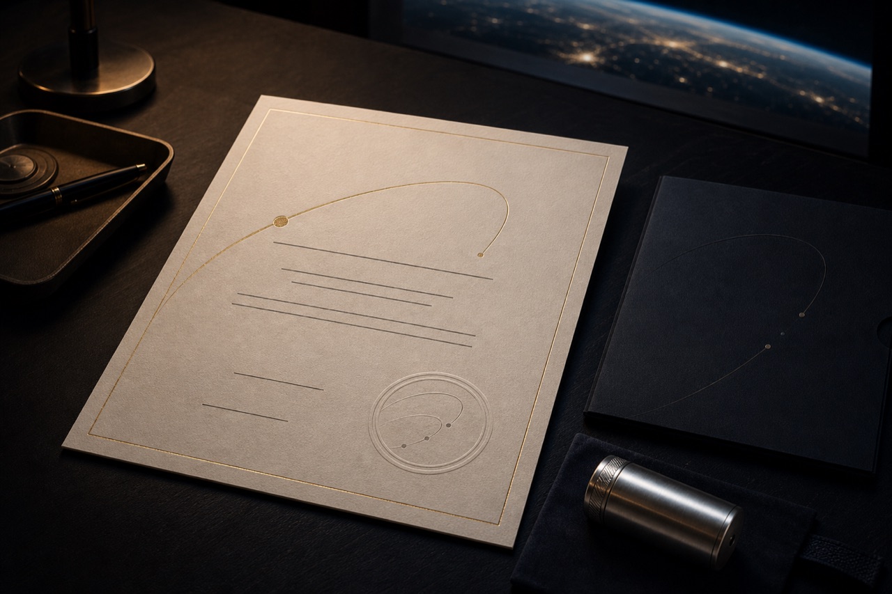 A premium ivory mission certificate beside a sealed titanium memorial capsule