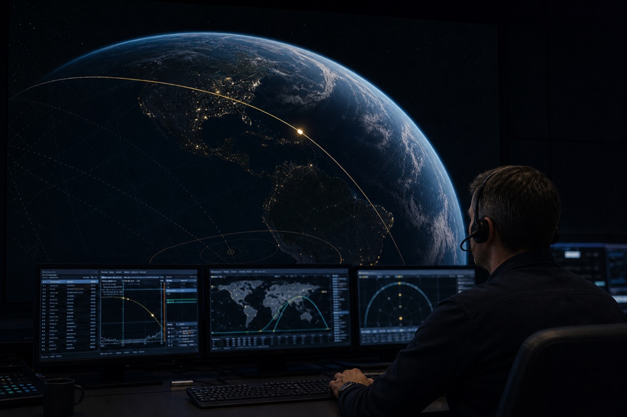 A mission specialist following an orbital path around Earth in a dark operations room