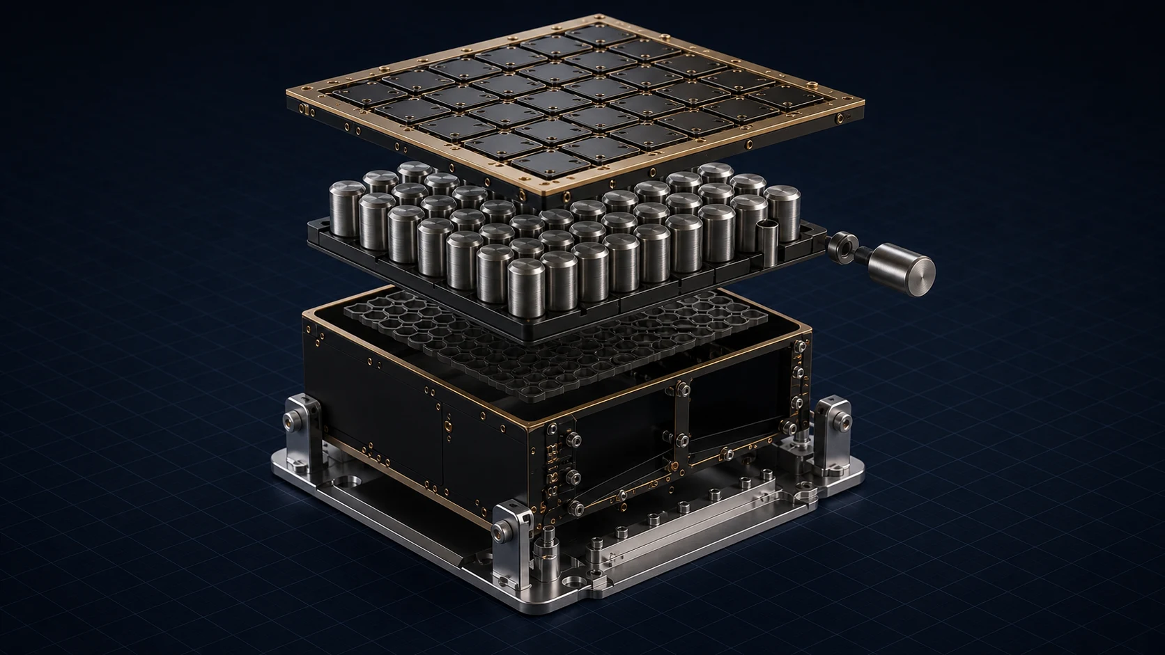 Exploded technical cutaway of the conceptual EverOrbit payload showing the access deck, individual sealed capsules, retention layer, enclosure, and mounting base