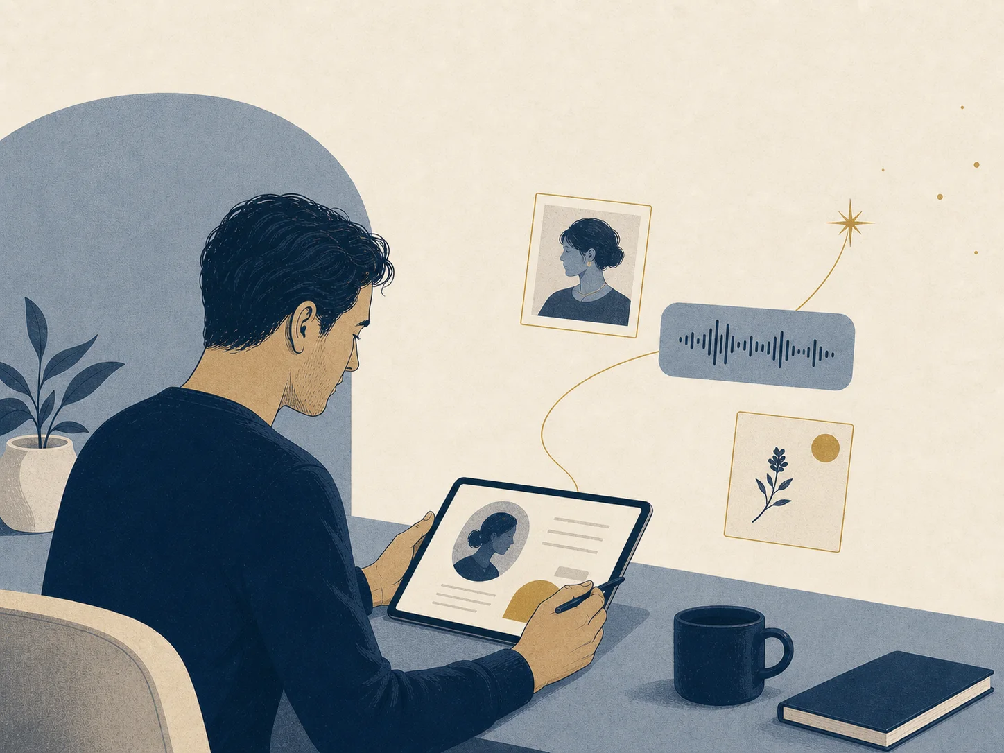 Editorial illustration of a man assembling a digital memorial profile with a portrait, voice recording, and memories