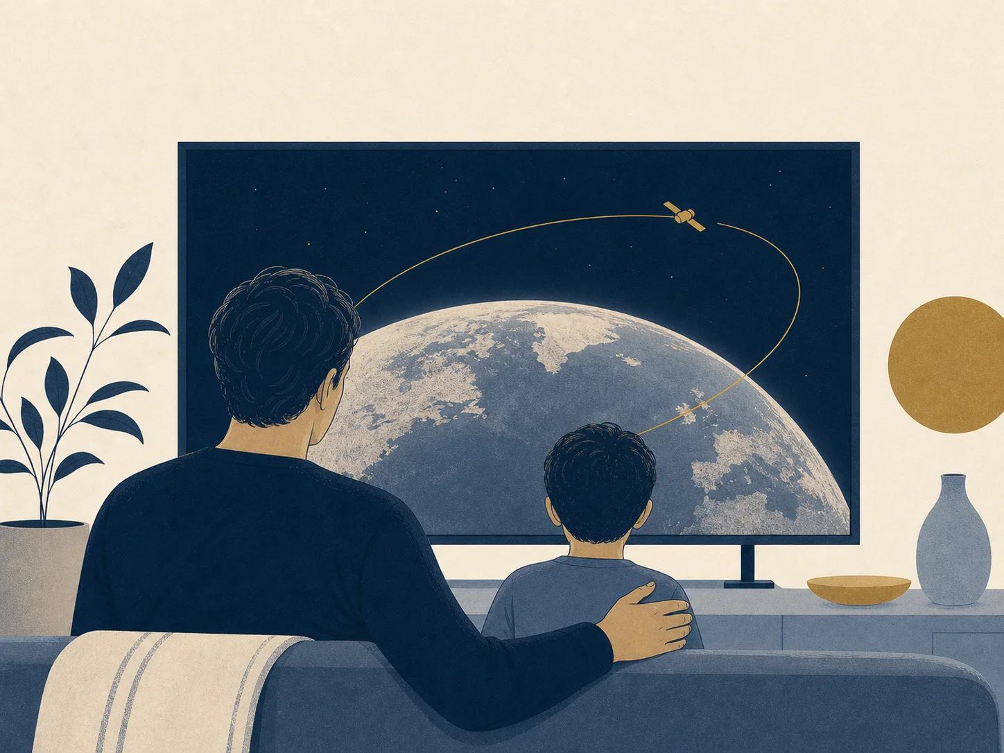 Editorial illustration of a parent and child following a satellite orbit around Earth