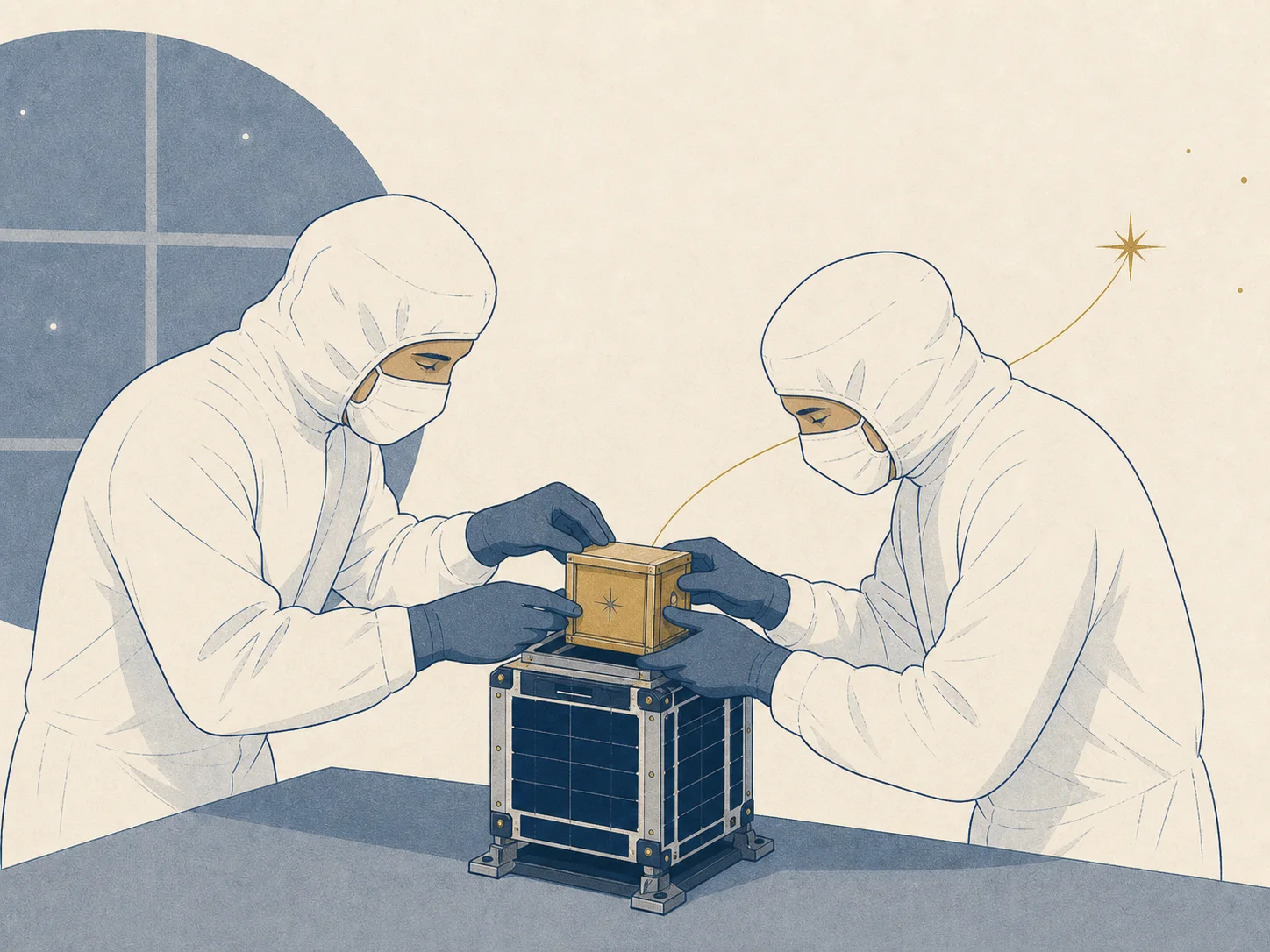 Editorial illustration of two cleanroom technicians integrating a square memorial capsule into a satellite payload