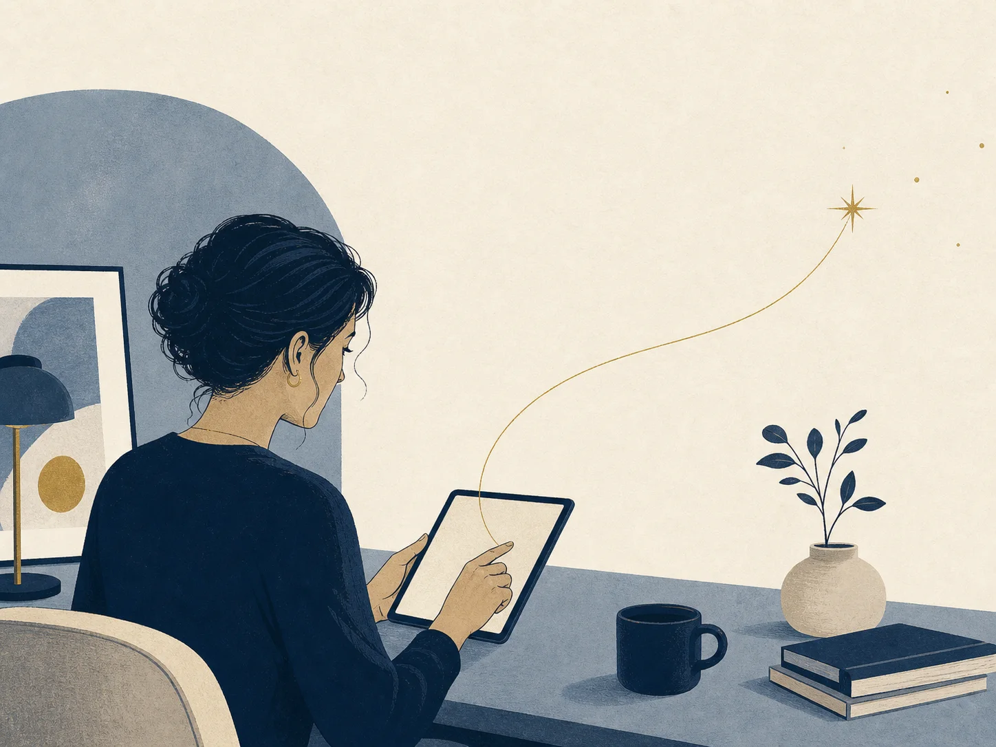 Editorial illustration of a woman requesting beta access on a tablet as an orbital line rises toward a star